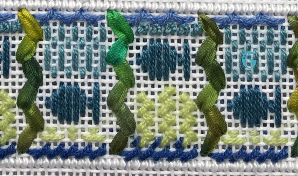 A close up of the stitches on a cross stitch pattern