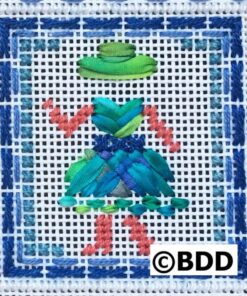Hand-stitched blue-green dress on canvas