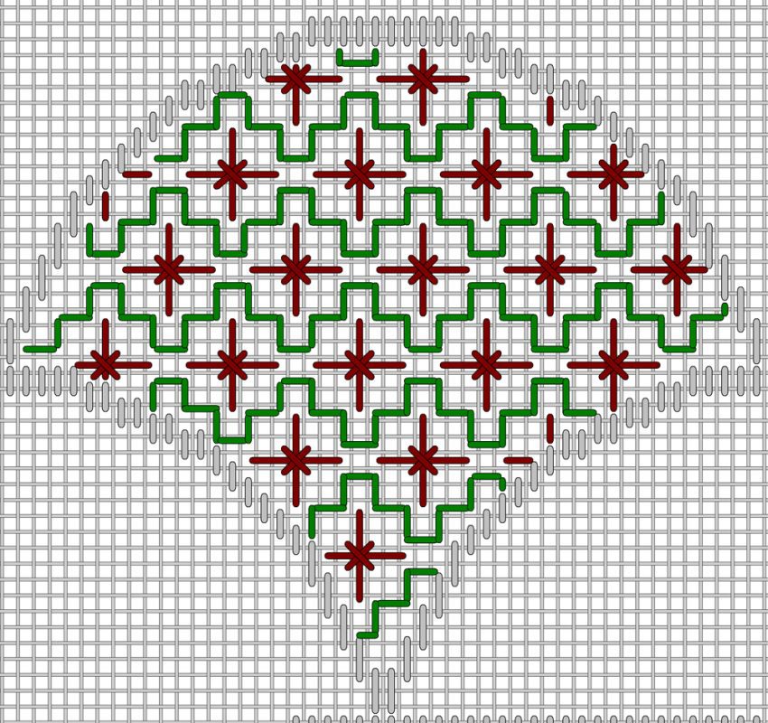 A cross stitch pattern of an abstract tree.