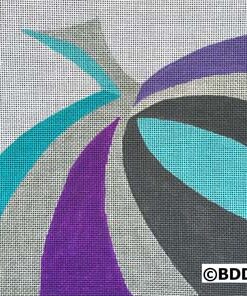 A close up of the back of a canvas with purple, blue and grey designs.