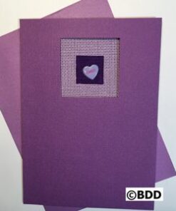 Stacked purple cards with stitched heart window