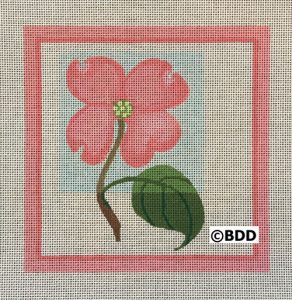 Pink flower with stem and green leaf