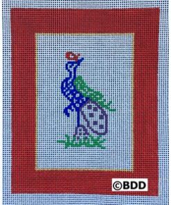 A peacock with a red border on it's back.