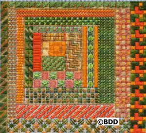 A square of orange and green with some geometric designs.