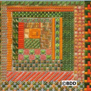 A square of orange and green with some geometric designs.