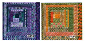 Two pictures of a quilt with different colors.