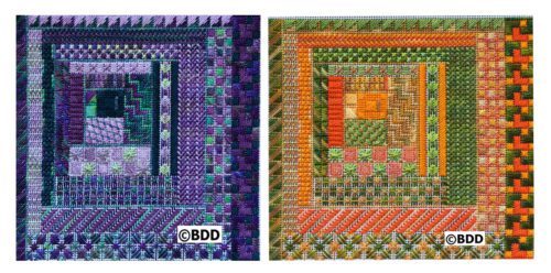 Two pictures of a quilt with different colors.