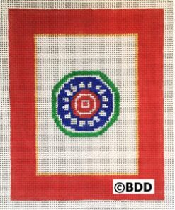 A red, white and blue picture frame with a circle in the middle.