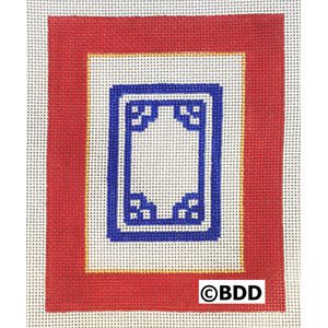 A red, white and blue picture frame with a blue border.