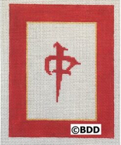 A red and white picture frame with a cross.