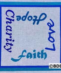 A blue and white square with the words " charity, love ", faith, and hope."