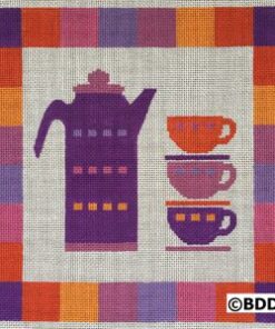 A purple coffee pot and cups on a table.