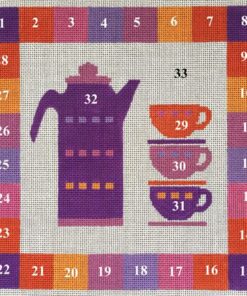 A purple coffee pot and cups on the table.
