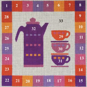 A purple coffee pot and cups on the table.