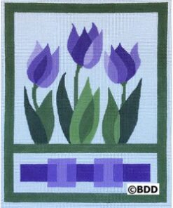 Graphic trio of purple tulips with green border