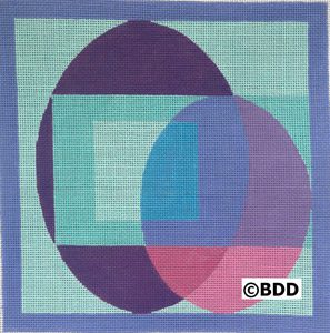 A blue and purple abstract painting with circles.