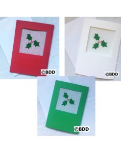 Three different colored cards with a picture of holly.