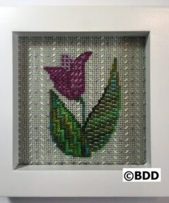 A white frame with a purple flower on it.