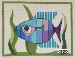 A fish with blue and purple colors is depicted.