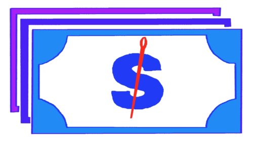 A blue and white sign with a dollar sign on it