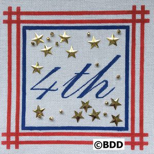 A red, white and blue square with the word " 4 th ".