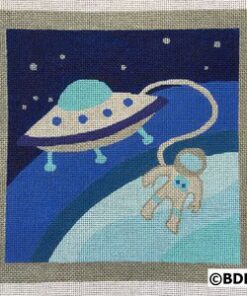 A picture of an alien and astronaut in space.