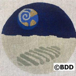 A round canvas with a blue and white design.