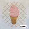 A pink ice cream cone on top of a waffle pattern.