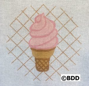 A pink ice cream cone on top of a waffle pattern.