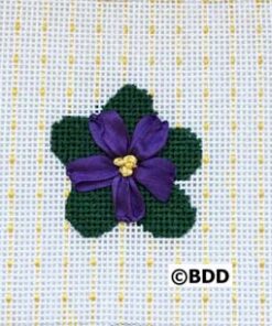 A purple flower with green leaves on a yellow and white background.