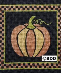 Pumpkin art framed by pink and black checks