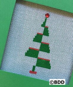 A green christmas tree with red trim on it.