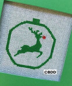 A green cross stitch picture of a reindeer.