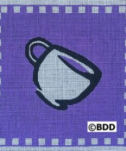 A purple and white square with a cup on it.