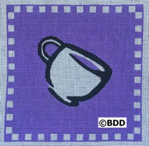 A purple and white square with a cup on it.