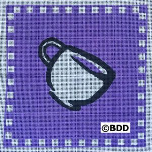 A purple and white square with a cup on it.