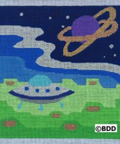 A painting of an alien ship and the planet saturn.