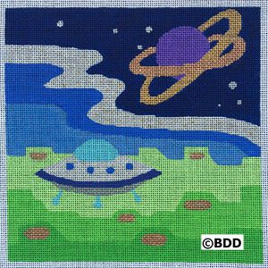 A painting of an alien ship and the planet saturn.