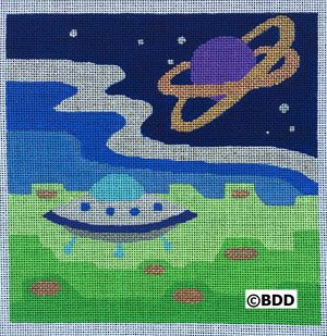 A painting of an alien ship and the planet saturn.