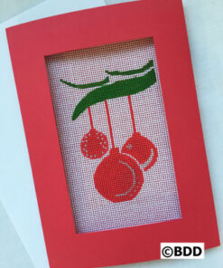 A red frame with a picture of christmas ornaments hanging from it.