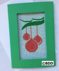 A green frame with red cherries hanging on it.