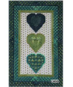 Vertical trio of stitched hearts with teal border
