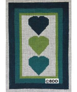 A cross stitch pattern of three hearts in the middle.