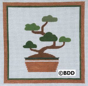 A bonsai tree in a pot on a brown and green background.