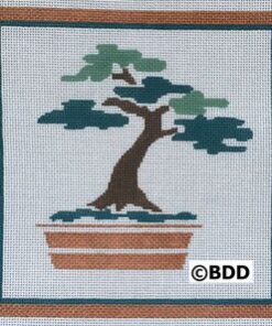 Teal-layered bonsai needlepoint with striped pot