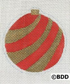 A red and gold striped ornament on white background.