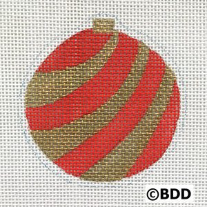 A red and gold striped ornament on white background.