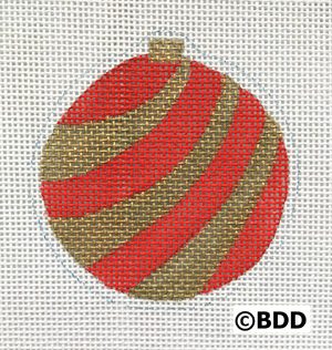 A red and gold striped ornament on white background.