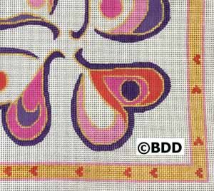 A close up of the colorful design on a cross stitch pattern