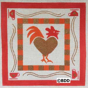 A red and brown rooster with coffee cups on it.